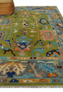 Green, Gray and Peach Vibrant Colorful Hand knotted Traditional Oushak 8x10 and 9x12 wool Area Rug by The Rug Decor