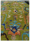 Green, Gray and Peach Vibrant Colorful Hand knotted Traditional Oushak 8x10 and 9x12 wool Area Rug by The Rug Decor