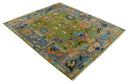 Green, Gray and Peach Vibrant Colorful Hand knotted Traditional Oushak 8x10 and 9x12 wool Area Rug by The Rug Decor