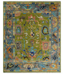 Green, Gray and Peach Vibrant Colorful Hand knotted Traditional Oushak 8x10 and 9x12 wool Area Rug by The Rug Decor