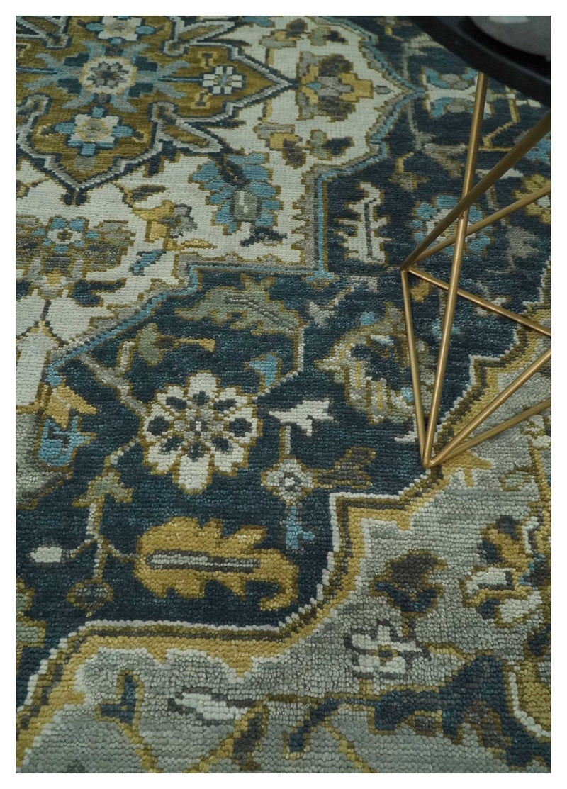 Ivory, Teal, silver and Olive Hand Knotted Traditional Heriz Medallion Multi size wool Area Rug