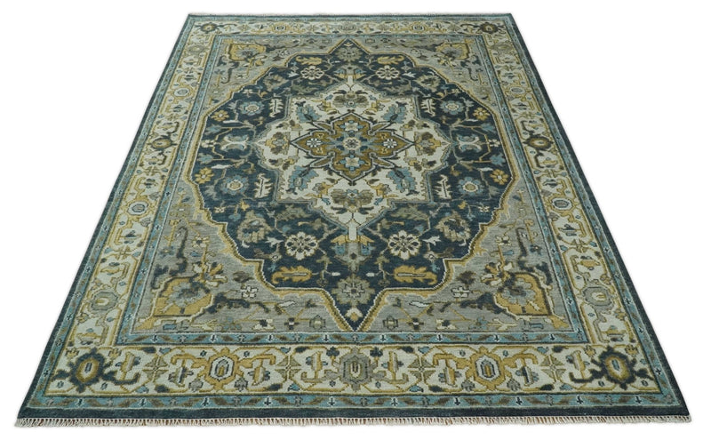 Ivory, Teal, silver and Olive Hand Knotted Traditional Heriz Medallion Multi size wool Area Rug