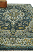 Ivory Teal Silver Olive Wool Area Rug - Hand Knotted Heriz Medallion by The Rug Decor