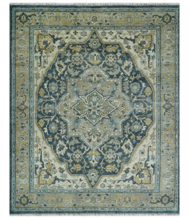 Ivory, Teal, silver and Olive Hand Knotted Traditional Heriz Medallion Multi size wool Area Rug