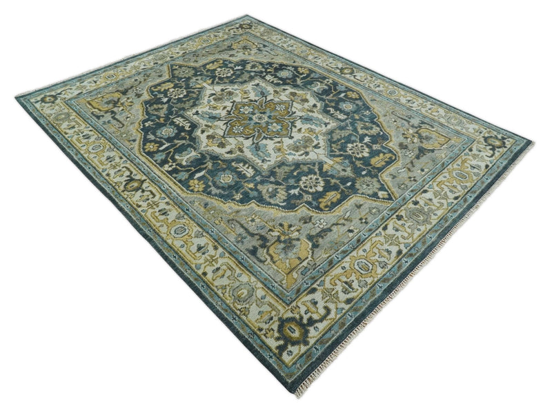 Ivory, Teal, silver and Olive Hand Knotted Traditional Heriz Medallion Multi size wool Area Rug