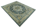 Ivory Teal Silver Olive Wool Area Rug - Hand Knotted Heriz Medallion by The Rug Decor