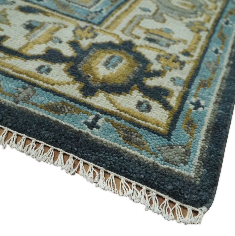 Ivory, Teal, silver and Olive Hand Knotted Traditional Heriz Medallion Multi size wool Area Rug