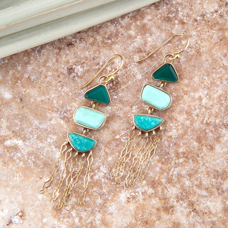 Green Multi Stone Golden Drop Earrings