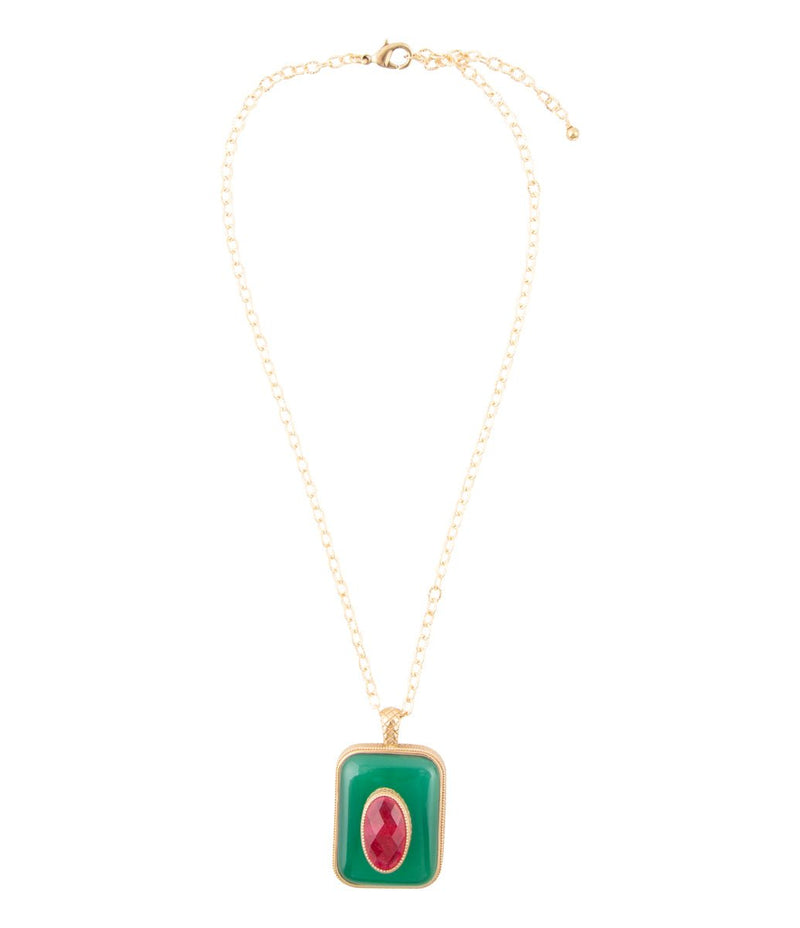 Green Onyx Stacked Red Quartz Golden Pendant Necklace