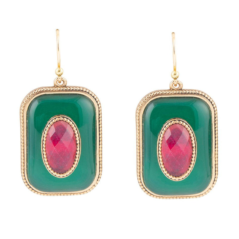 Green Onyx Stacked Red Stone Golden Drop Earrings