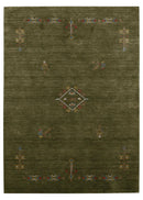 Green Tribal Center Medallion Hand Loomed Wool Area Rug with Warm Yellow Red Accents by The Rug Decor
