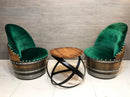 Whiskey & Wine Barrel Reading Chair — Hidden Storage, Green Velvet Upholstery
