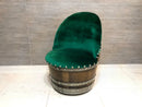 Whiskey & Wine Barrel Reading Chair — Hidden Storage, Green Velvet Upholstery
