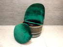 Whiskey & Wine Barrel Reading Chair — Hidden Storage, Green Velvet Upholstery