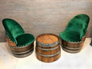 Whiskey & Wine Barrel Reading Chair — Hidden Storage, Green Velvet Upholstery