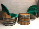 Whiskey & Wine Barrel Reading Chair — Hidden Storage, Green Velvet Upholstery