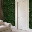 Luxury Green Leaf Pattern Wallpaper with Golden Accents