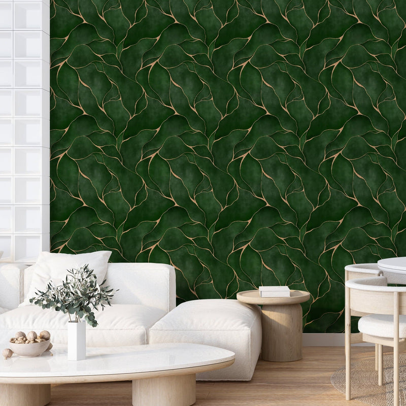 Luxury Green Leaf Pattern Wallpaper with Golden Accents