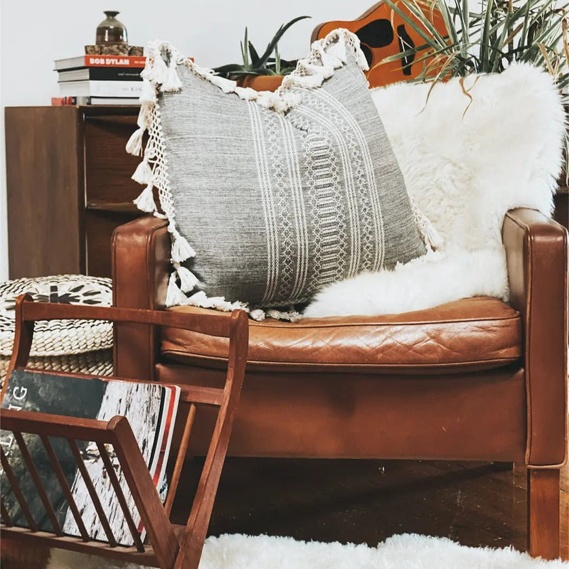 Neutral Hand Woven Boho Pillow With Fringe