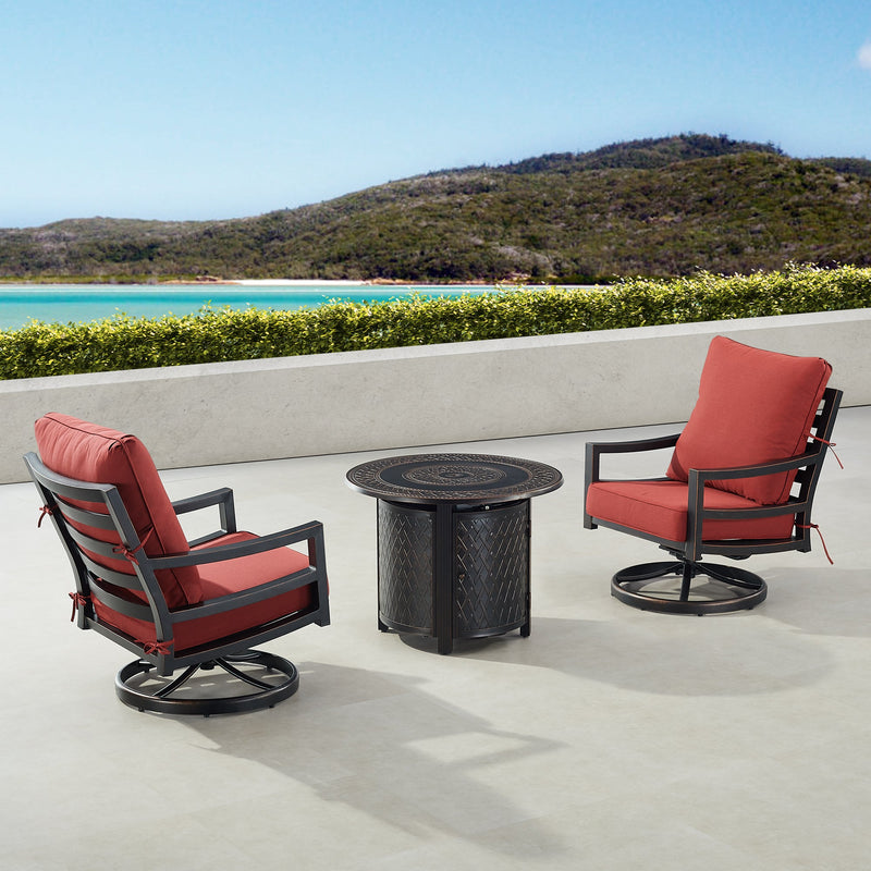 Black Aluminum Fire Table Bistro Set with Two Club Chairs