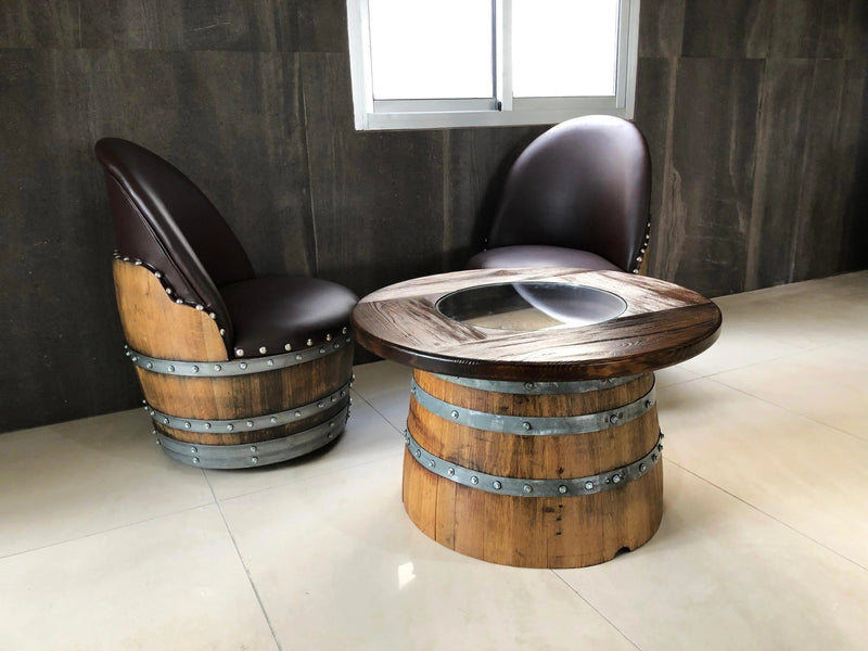 Half-Barrel Coffee Table With Removable Glass Top - Wine/Whiskey/Bourbon Barrel Storage Table - Rustic Furniture