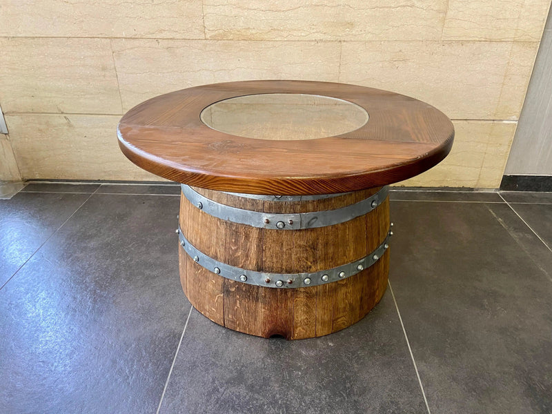 Half-Barrel Coffee Table With Removable Glass Top - Wine/Whiskey/Bourbon Barrel Storage Table - Rustic Furniture