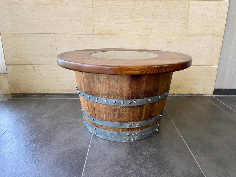 Half-Barrel Coffee Table With Removable Glass Top - Wine/Whiskey/Bourbon Barrel Storage Table - Rustic Furniture