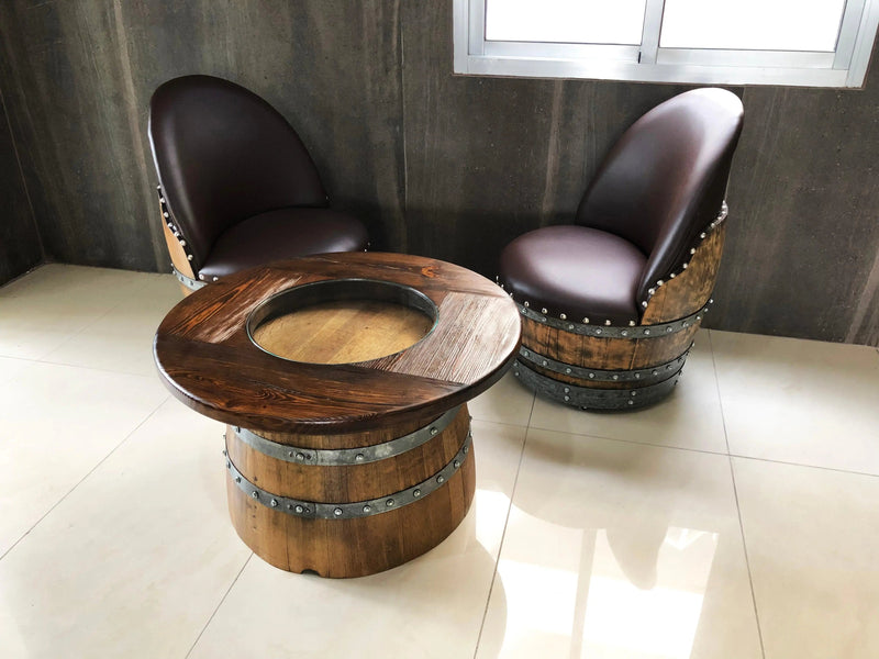 Half-Barrel Coffee Table With Removable Glass Top - Wine/Whiskey/Bourbon Barrel Storage Table - Rustic Furniture