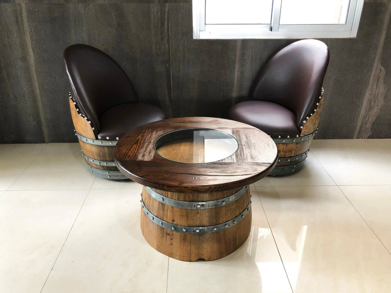 Half-Barrel Coffee Table With Removable Glass Top - Wine/Whiskey/Bourbon Barrel Storage Table - Rustic Furniture