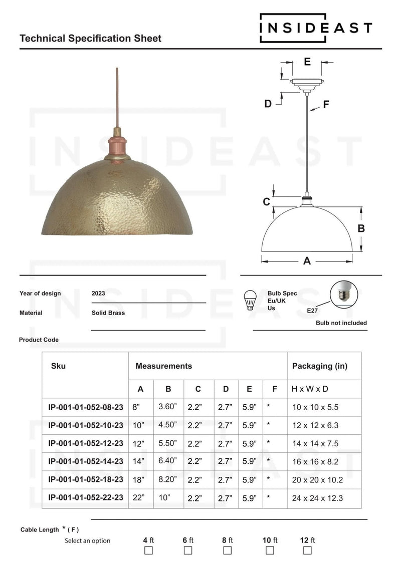 Hammered Brass Pendant Light, Unlacquered Brass Dome Lampshade, Kitchen Island Light