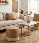 Gold and White Hand Braided Jute Round Pouf Ottoman 18 Inches
