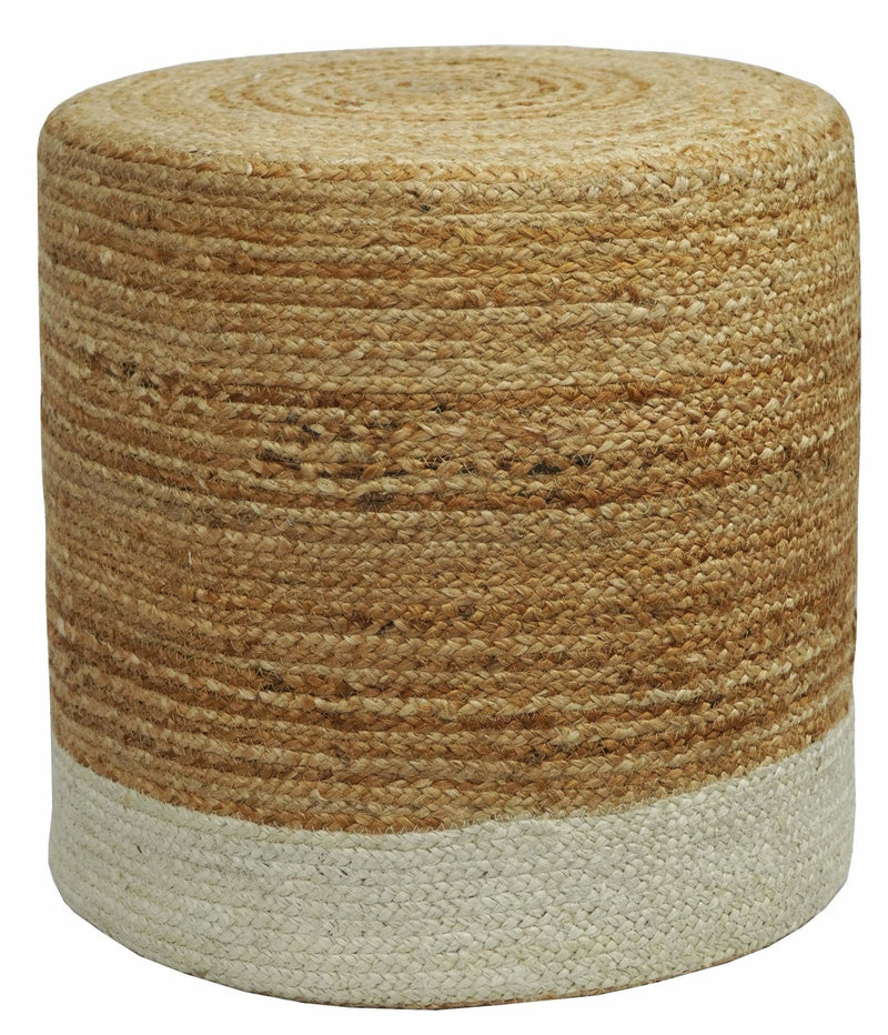 Natural Brown and White Jute Round Pouf, Hand Braided boho Pouf Ottoman Footstool, Side table, Seat , Foot Rest, Living Room, Bedroom | JP3