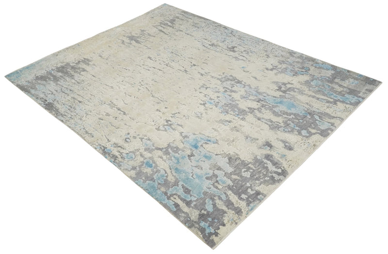 Hand Carved Abstract 8x10 Beige, Charcoal and Blue Hand Knotted Wool and Real Silk Area Rug