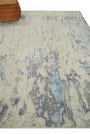 Hand Carved Abstract 8x10 Beige, Charcoal and Blue Hand Knotted Wool and Real Silk Area Rug