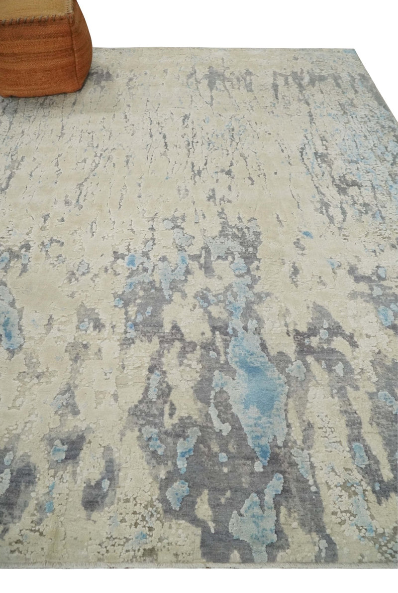 Hand Carved Abstract 8x10 Beige, Charcoal and Blue Hand Knotted Wool and Real Silk Area Rug