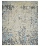 Hand Carved Abstract 8x10 Beige, Charcoal and Blue Hand Knotted Wool and Real Silk Area Rug