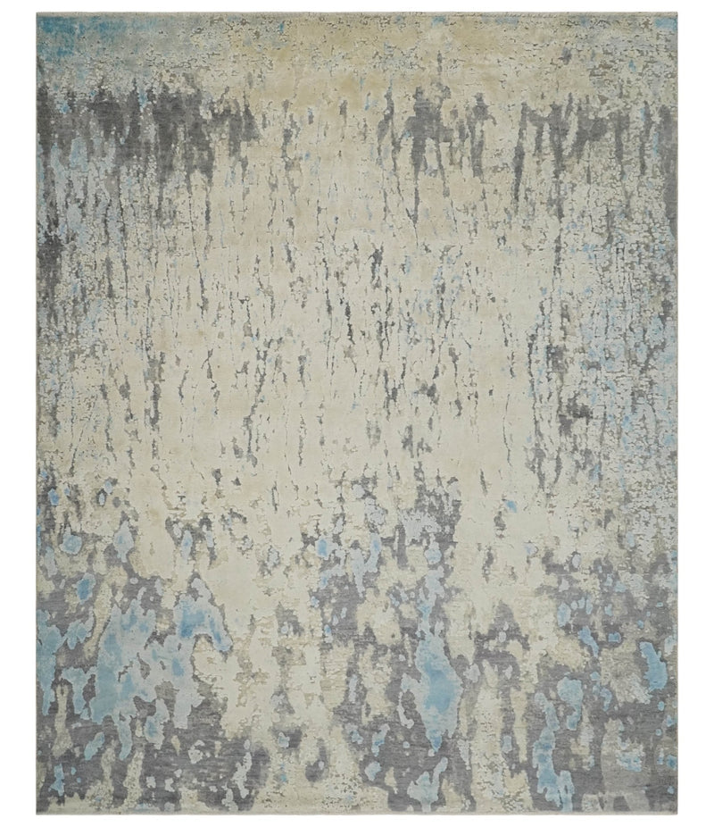 Hand Carved Abstract 8x10 Beige, Charcoal and Blue Hand Knotted Wool and Real Silk Area Rug