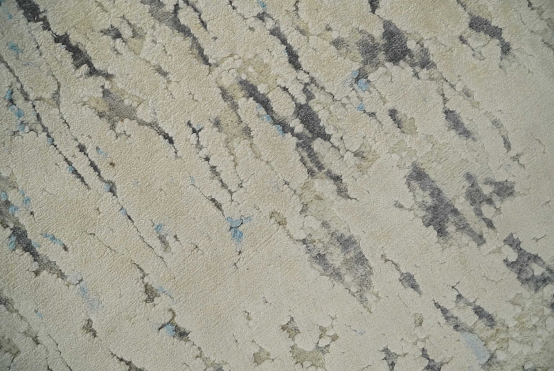 Hand Carved Abstract 8x10 Beige, Charcoal and Blue Hand Knotted Wool and Real Silk Area Rug