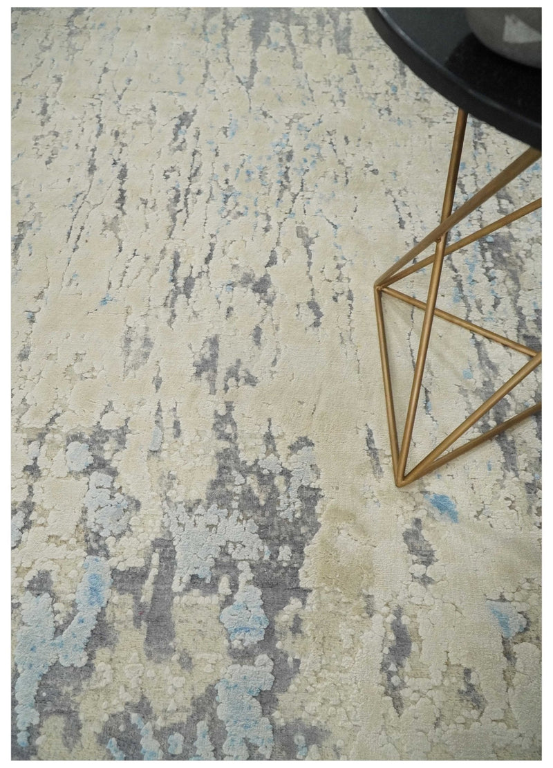 Hand Carved Abstract 8x10 Beige, Charcoal and Blue Hand Knotted Wool and Real Silk Area Rug