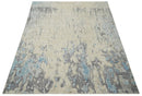 Hand Carved Abstract 8x10 Beige, Charcoal and Blue Hand Knotted Wool and Real Silk Area Rug