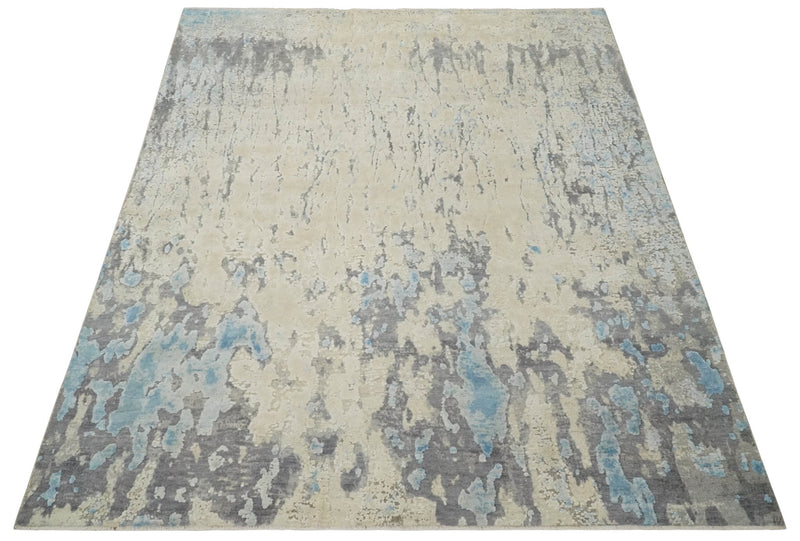 Hand Carved Abstract 8x10 Beige, Charcoal and Blue Hand Knotted Wool and Real Silk Area Rug