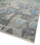 Hand Carved Abstract 8x10 Beige, Charcoal and Blue Hand Knotted Wool and Real Silk Area Rug