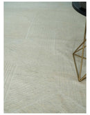 Hand carved Beige Geometrical Stripes Pattern Hand Knotted 9x12 Wool Area Rug by The Rug Decor