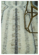 Hand Carved Texture Ivory, Gray, Charcoal and Beige Moroccan Style Modern Stripes Design 5x8 wool Area Rug