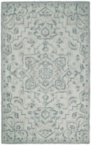 Blue Silver White Hand Tufted Wool Area Rug 5x8 - Medallion Design