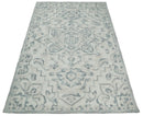 Blue Silver White Hand Tufted Wool Area Rug 5x8 - Medallion Design