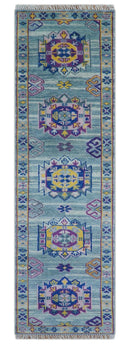 Hand knotted 2.6x10 Purple and Blue transitional geometrical Design Wool Area Rug