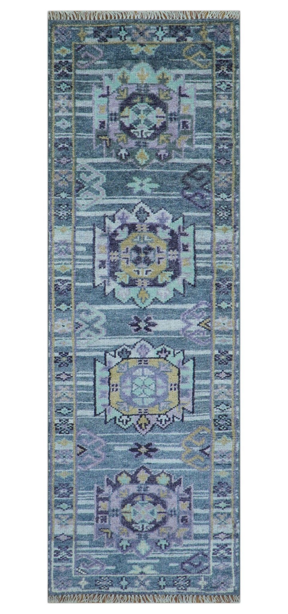 Gray Wool Hand Knotted Area Rug 2.6x8 Feet with Traditional Transitional Design Style