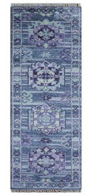 Hand knotted 2.6x8 Purple transitional geometrical Design Wool Area Rug