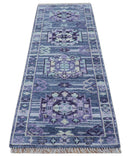 Hand knotted 2.6x8 Purple transitional geometrical Design Wool Area Rug